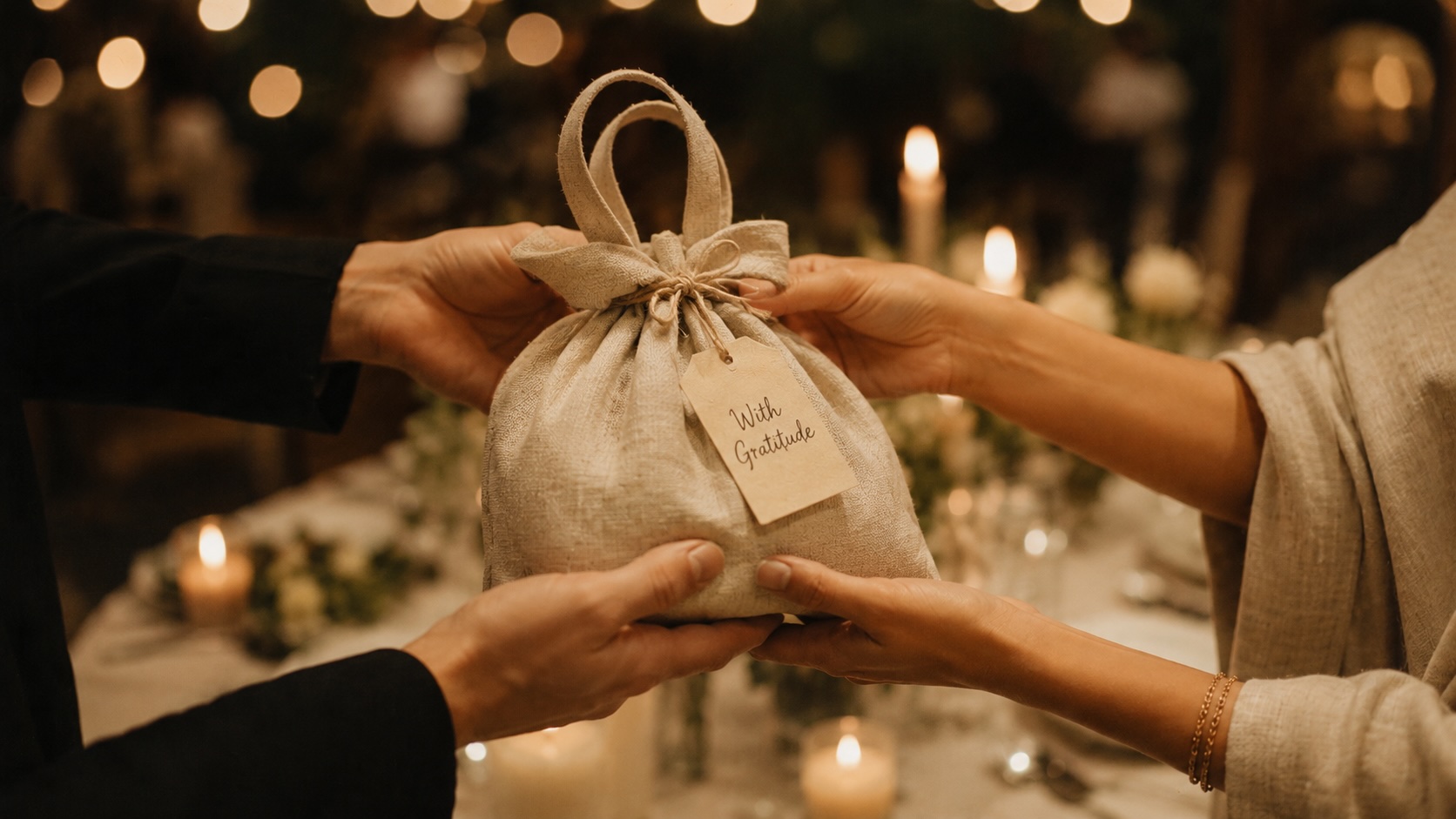 Two pairs of hands exchanging a linen gift bag with a hand-written tag at a candlelit fundraising dinner.